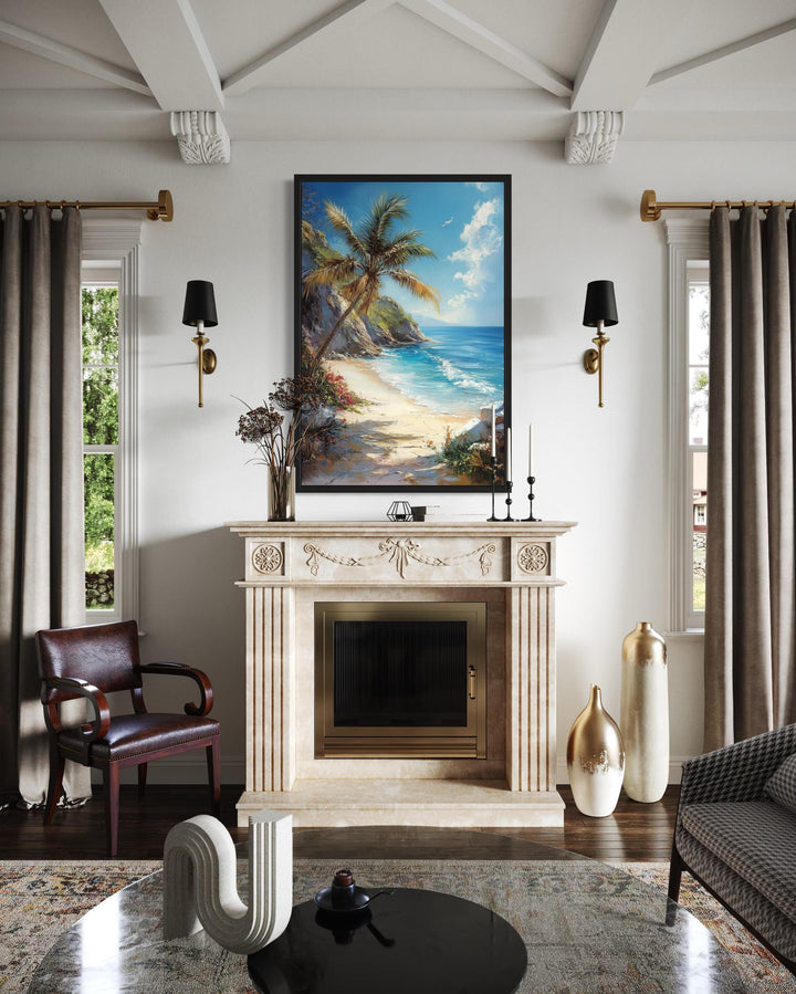 Vertical framed canvas wall art of a tropical beach with a palm tree above a classic fireplace.