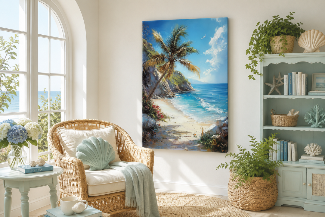Palm tree with ocean view and tropical beach framed canvas wall art in a coastal living room.