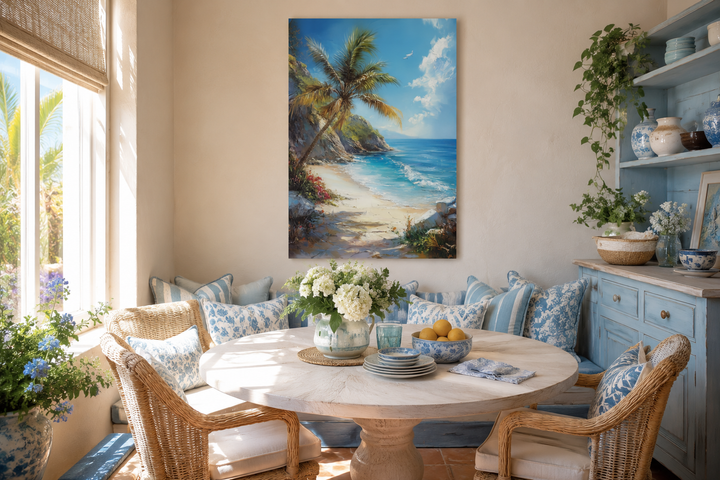 Palm tree with ocean view and tropical beach framed canvas wall art hanging in a coastal dining room