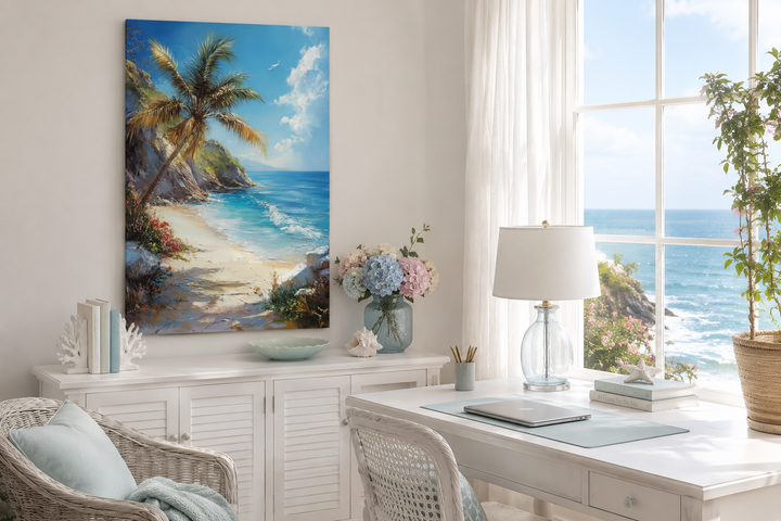 Palm tree with ocean view and tropical beach framed canvas wall art in a coastal home office.