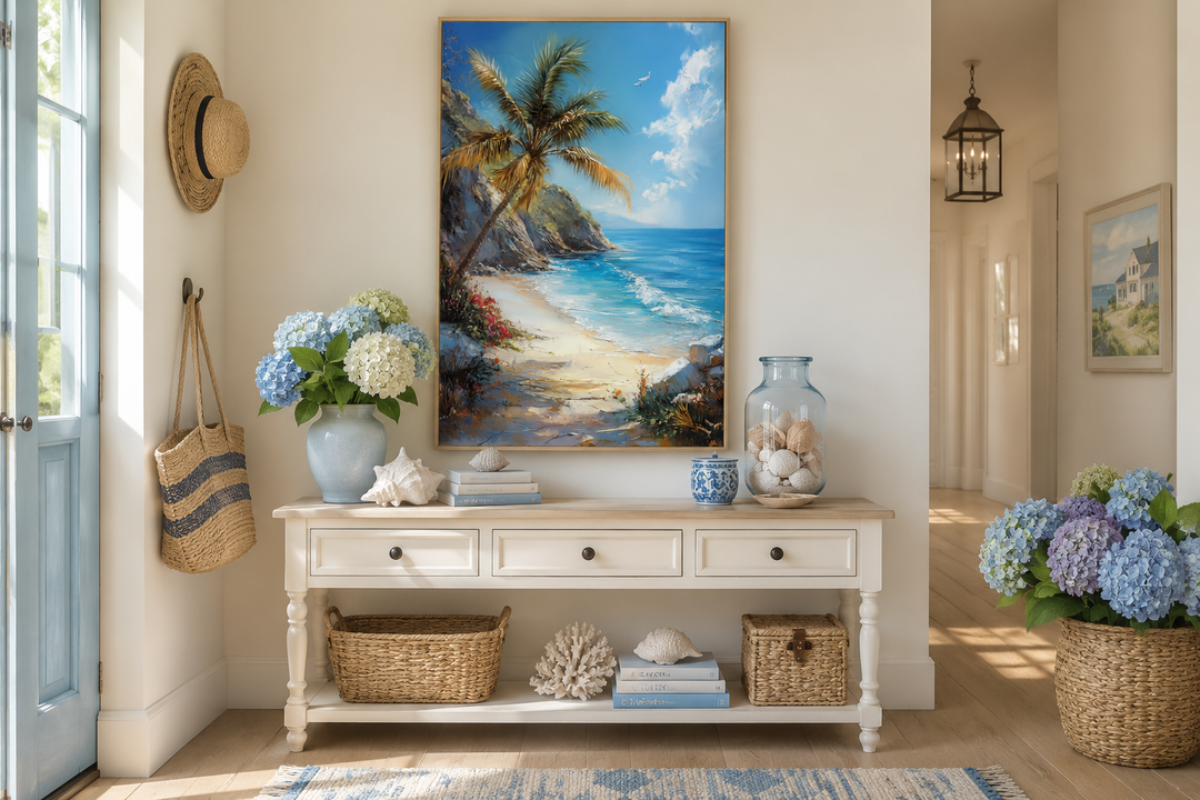 Vertical framed canvas wall art of a tropical beach with a palm tree, ocean waves, and blue sky.