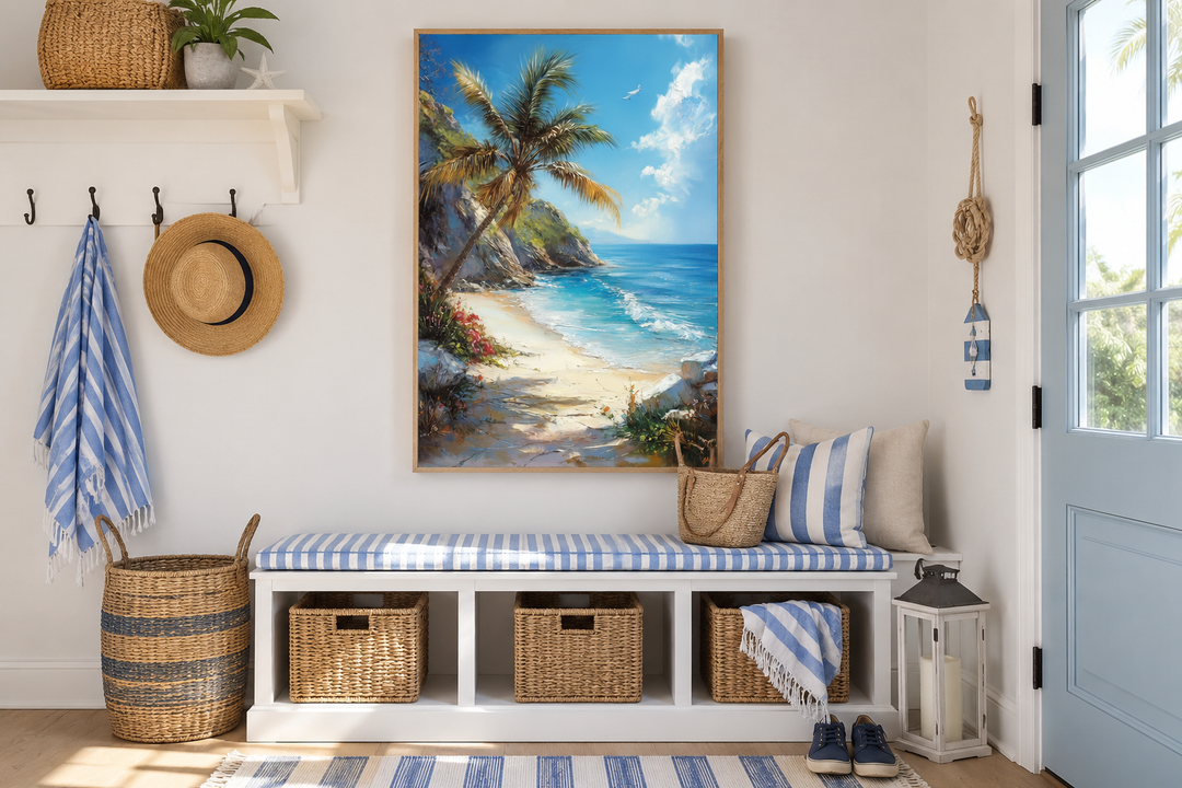 Vertical framed canvas wall art of a tropical beach with a palm tree, blue ocean, and sandy shore.