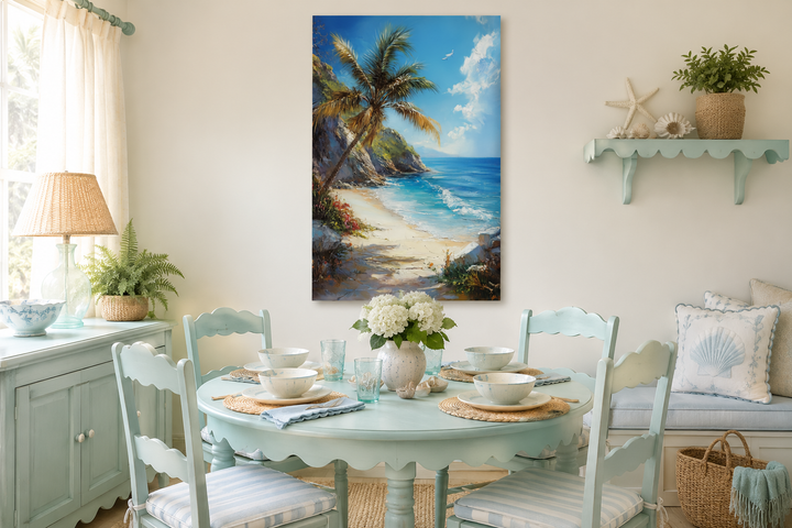 Palm tree with ocean view and tropical beach framed canvas wall art in a coastal dining room.