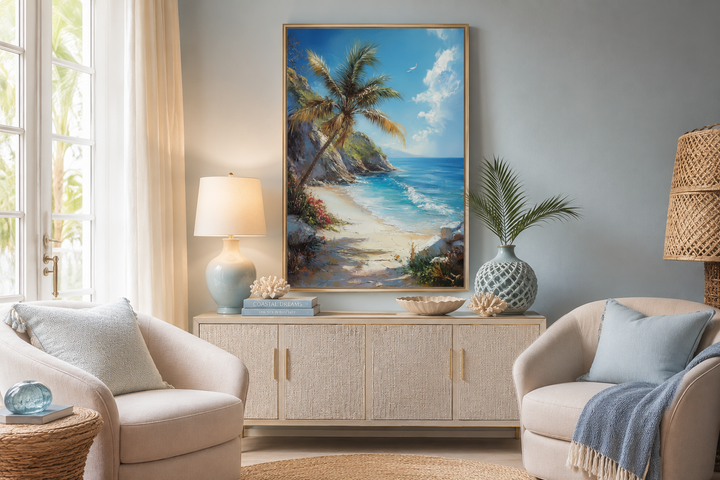 Framed canvas wall art of a palm tree on a tropical beach with ocean views in a coastal living room.