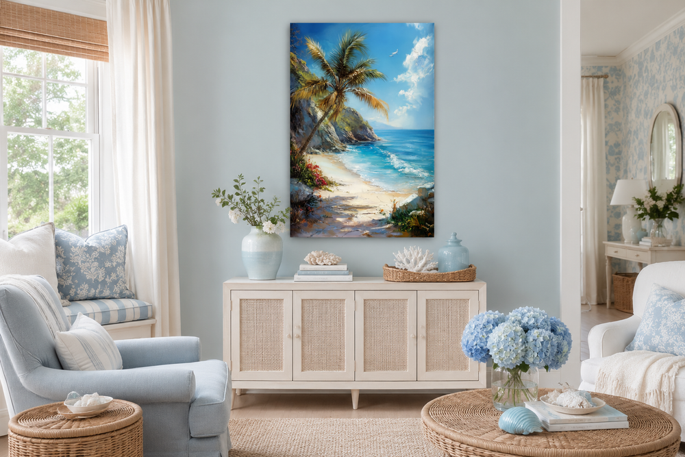 Vertical framed canvas wall art of a palm tree on a tropical beach with blue ocean waves.