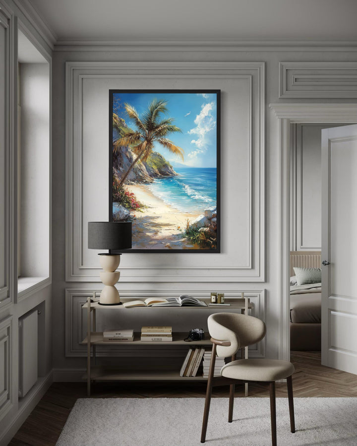 Palm tree with ocean view and tropical beach framed canvas wall art in a modern living room.