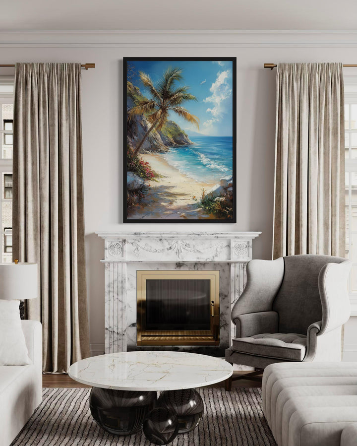 Vertical framed canvas wall art of a tropical beach with a palm tree over a fireplace in a room.