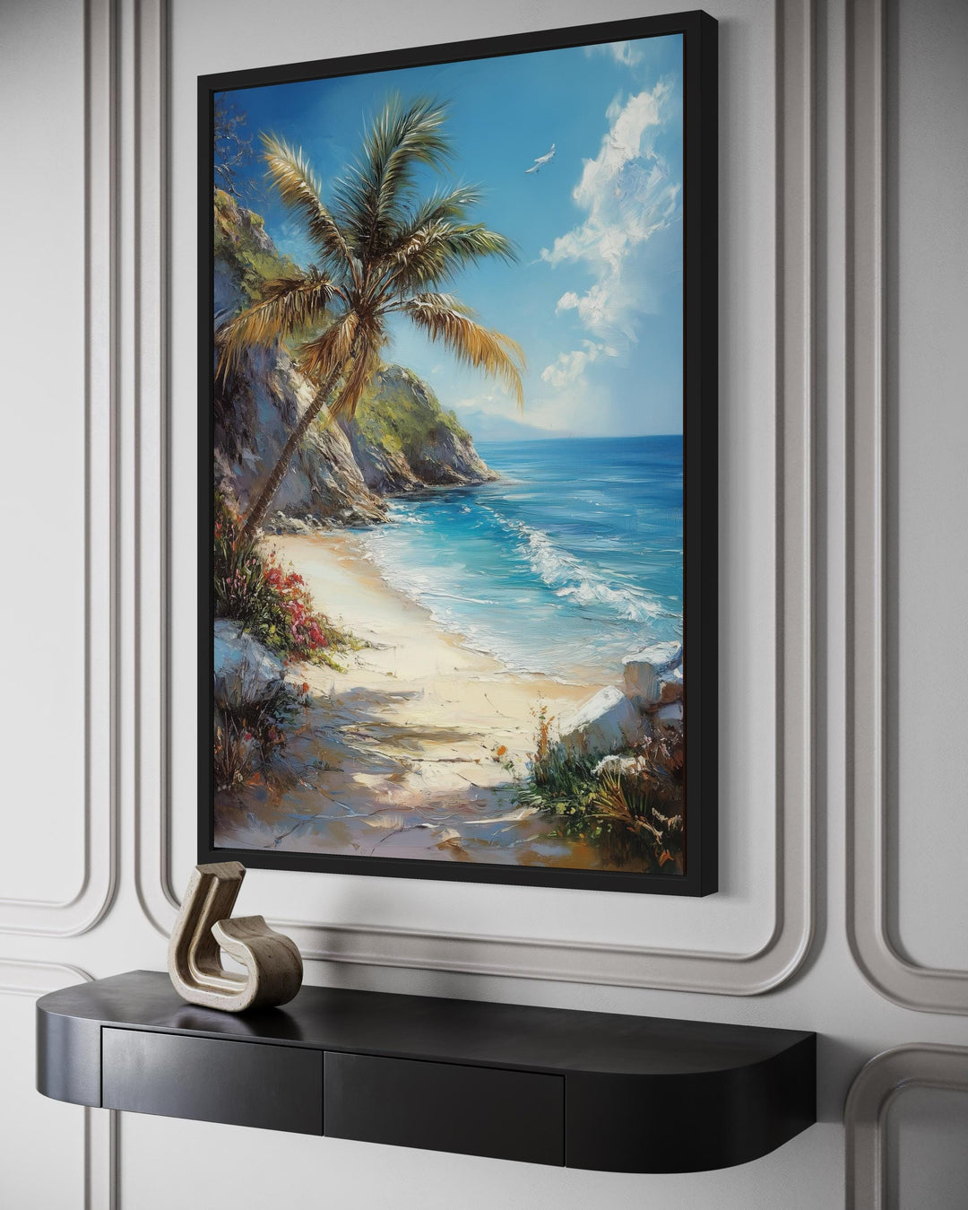 Vertical framed canvas wall art of a tropical beach with a palm tree, ocean waves, and blue sky.