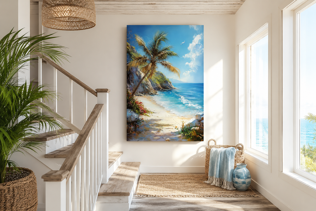 Vertical framed canvas wall art of a tropical beach with a palm tree, ocean waves, and blue sky.