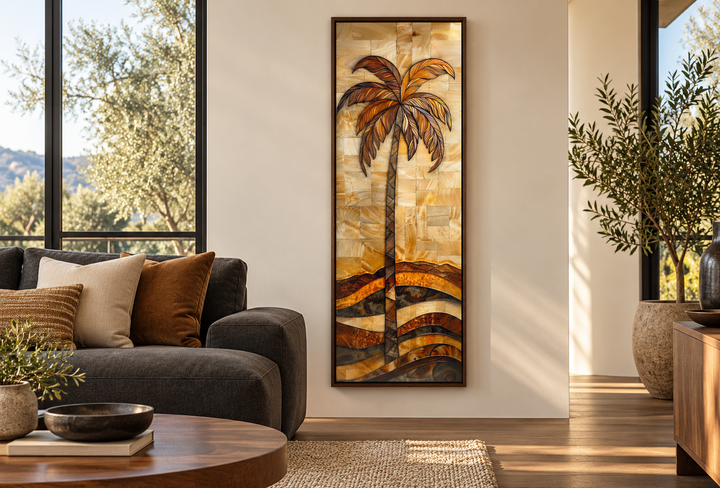 Tall narrow vertical framed canvas wall art featuring a palm tree in a woodgrain-inspired style.