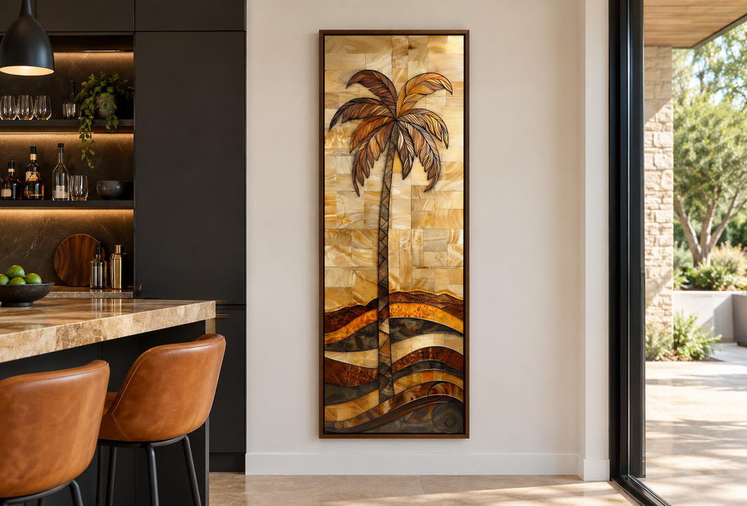 Tall narrow vertical framed canvas wall art featuring a palm tree in a woodgrain-inspired style.