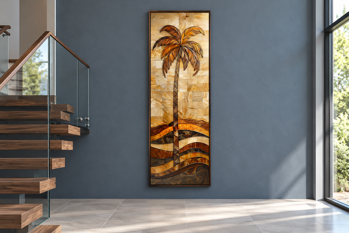 Tall vertical framed canvas wall art of a palm tree in a woodgrain style on a dark gray wall.