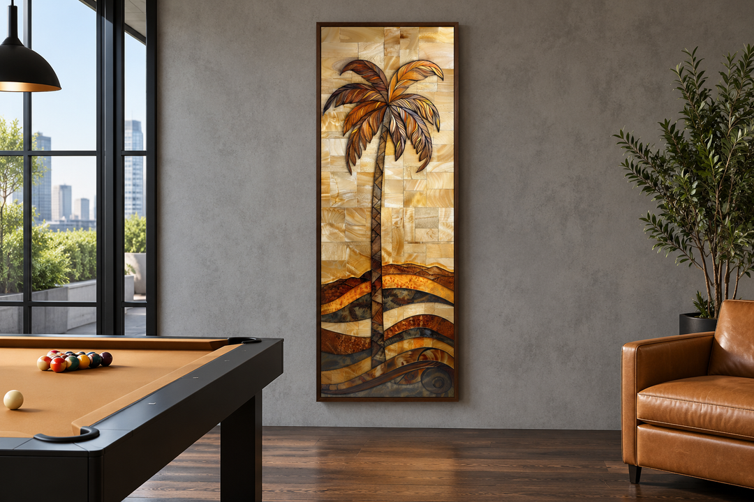 Tall narrow vertical framed canvas wall art featuring a palm tree in a woodgrain-inspired style.