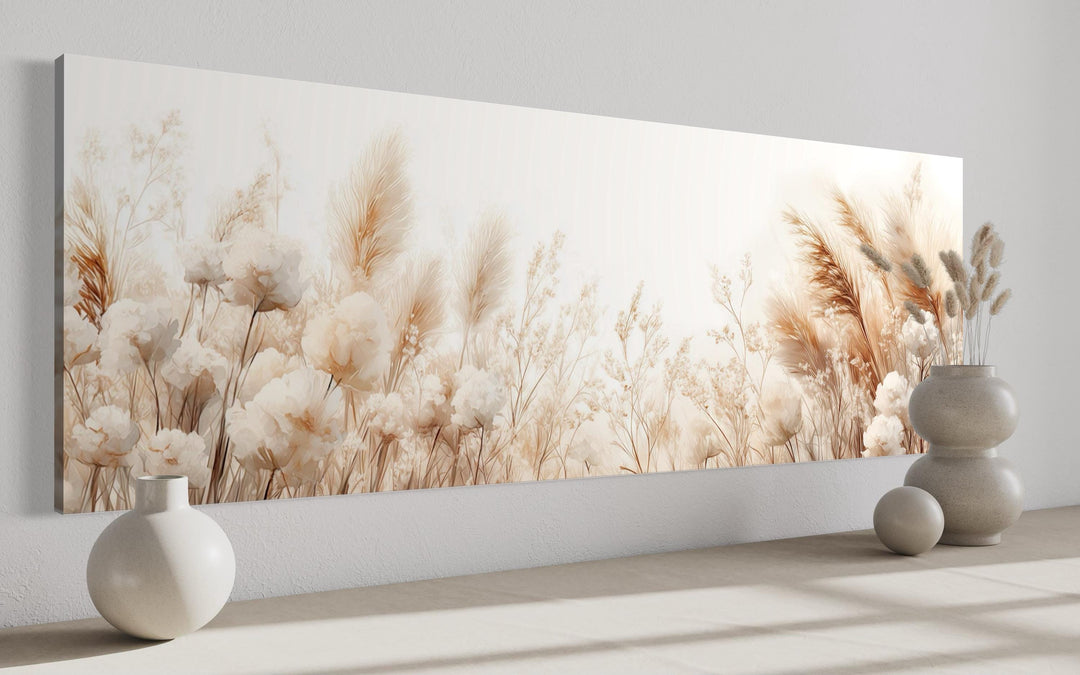 Long horizontal canvas wall art featuring neutral pampas grass and botanical illustrations.