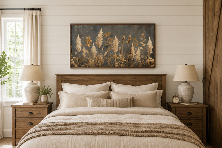 Pampas grass on grey background rustic neutral framed canvas wall art above a wooden bed.