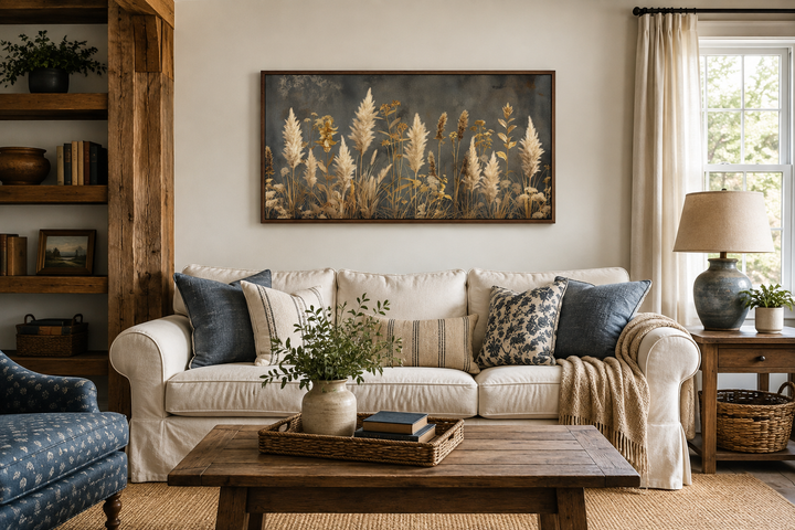 Pampas grass on grey background rustic neutral framed canvas wall art above a white sofa.