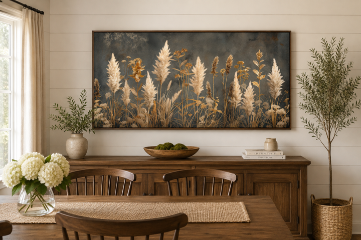Pampas grass on grey background rustic neutral framed canvas wall art above a wooden sideboard.