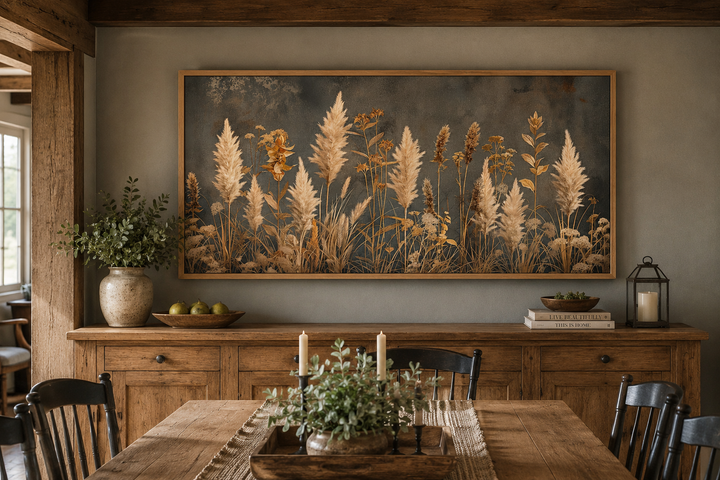 Rustic framed canvas wall art featuring pampas grass on a grey background above a wooden sideboard.