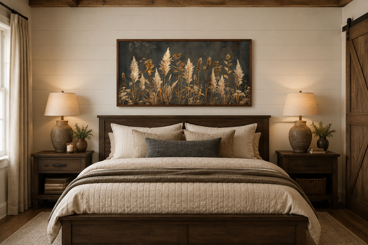 Rustic framed canvas wall art featuring pampas grass on a grey background above a wooden bed.