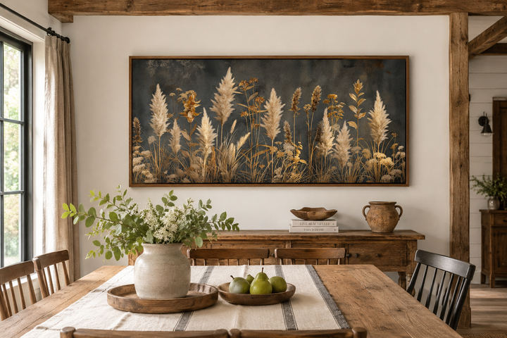 Rustic framed canvas wall art featuring golden pampas grass on a dark grey background.