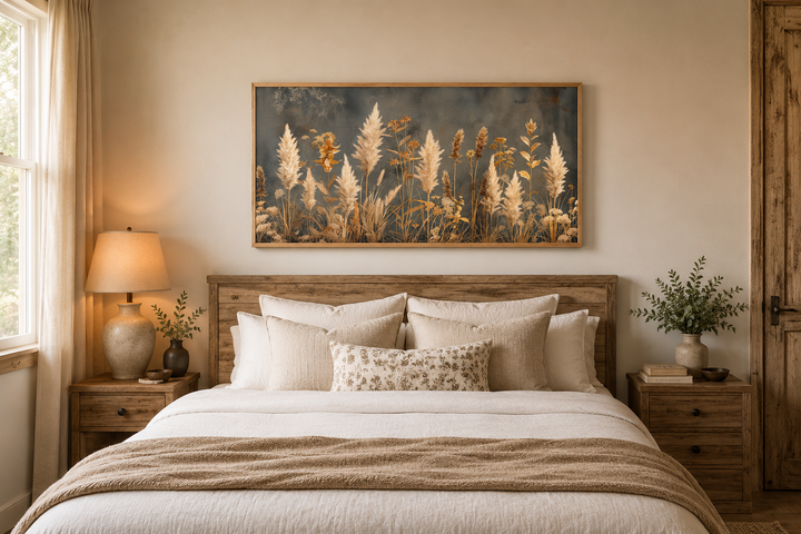 Pampas grass on grey background rustic neutral framed canvas wall art above a wooden bed.