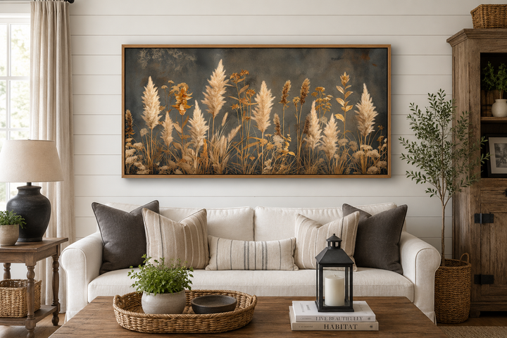 Pampas grass on grey background rustic neutral framed canvas wall art above a white sofa.