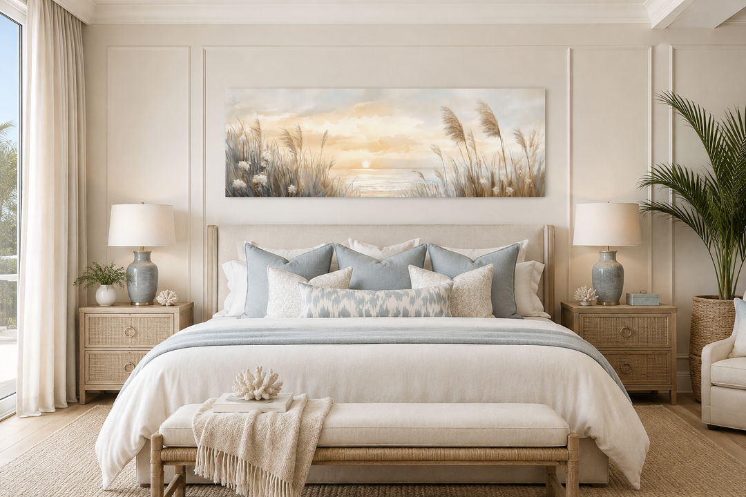 Pampas grass on the beach coastal horizontal wall art hanging above a bed in a neutral bedroom.