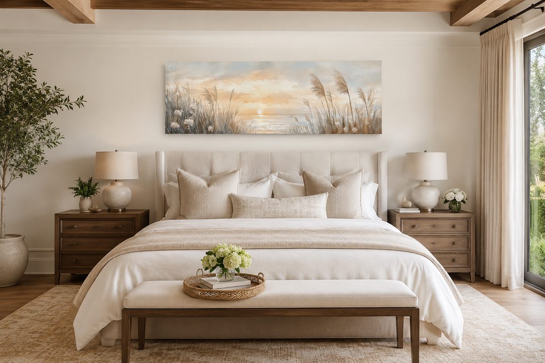 Pampas grass on the beach horizontal wall art hanging above a bed in a neutral coastal bedroom.