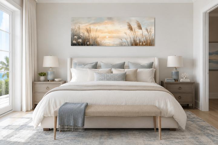 Pampas grass on the beach coastal horizontal wall art hanging above a bed in a neutral bedroom.