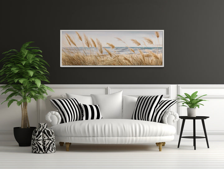 Pampas Grass On The Beach Horizontal Neutral Framed Canvas Wall Art