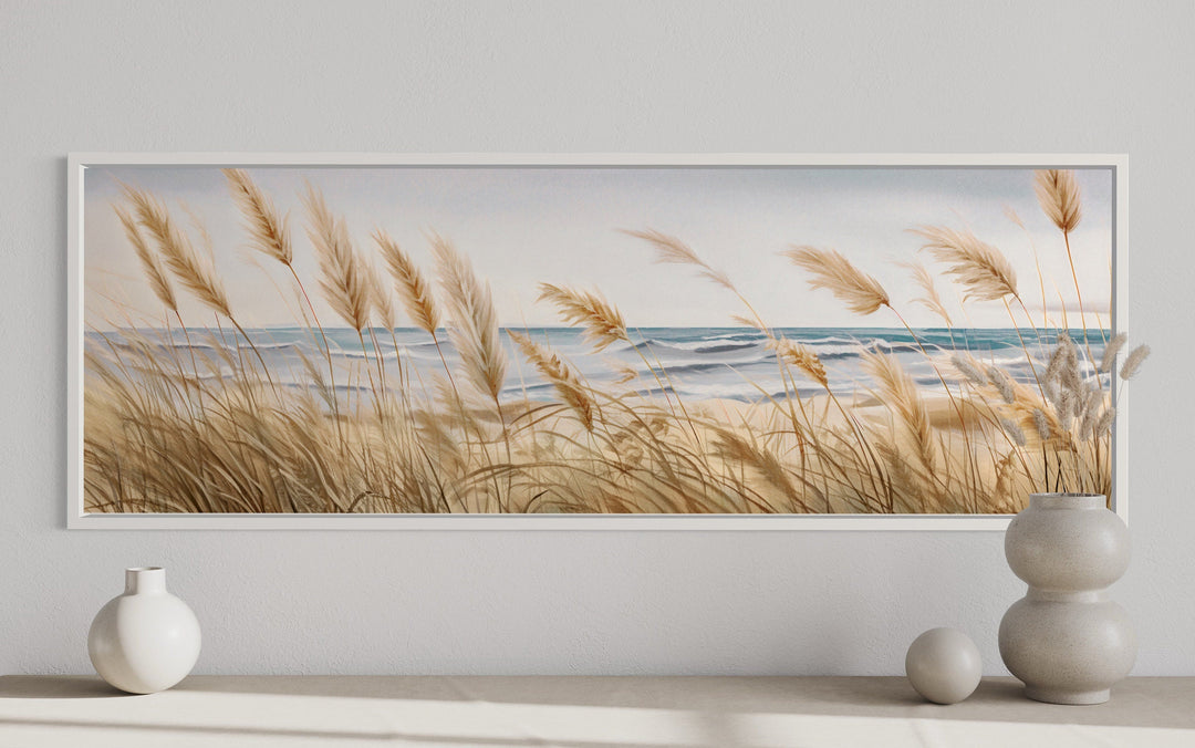 Pampas Grass On The Beach Horizontal Neutral Framed Canvas Wall Art