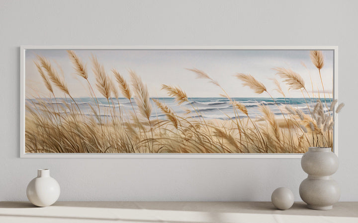 Pampas Grass On The Beach Horizontal Neutral Framed Canvas Wall Art