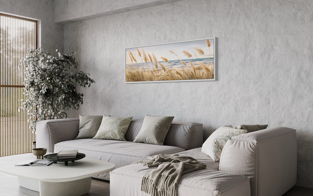 Pampas Grass On The Beach Horizontal Neutral Framed Canvas Wall Art