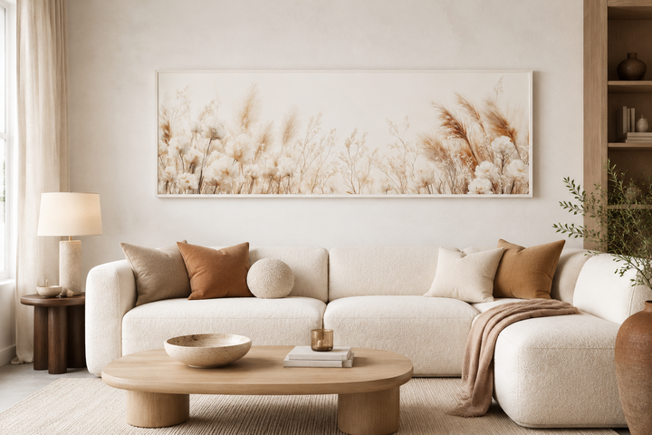 Long horizontal canvas wall art featuring neutral pampas grass above a modern cream sofa.