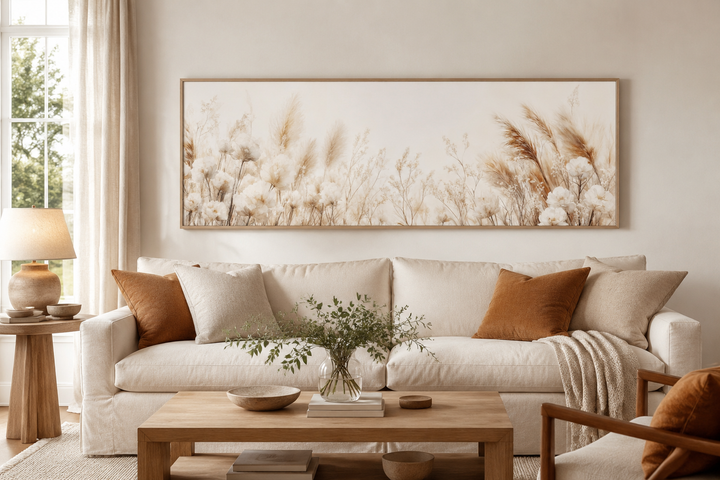 Long horizontal canvas art of pampas grass and white flowers above a neutral sofa.