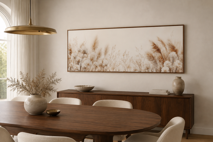 Long horizontal canvas wall art featuring illustrated pampas grass in neutral beige and cream.