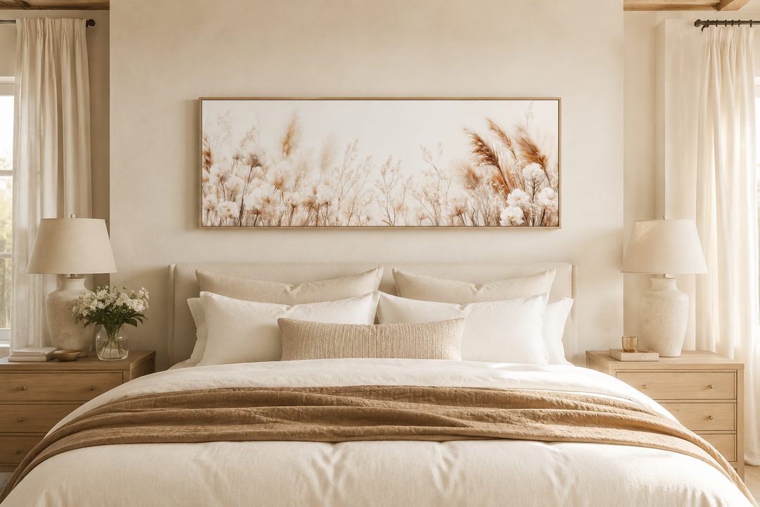 Long horizontal pampas grass canvas wall art in neutral tones hanging above a bed.