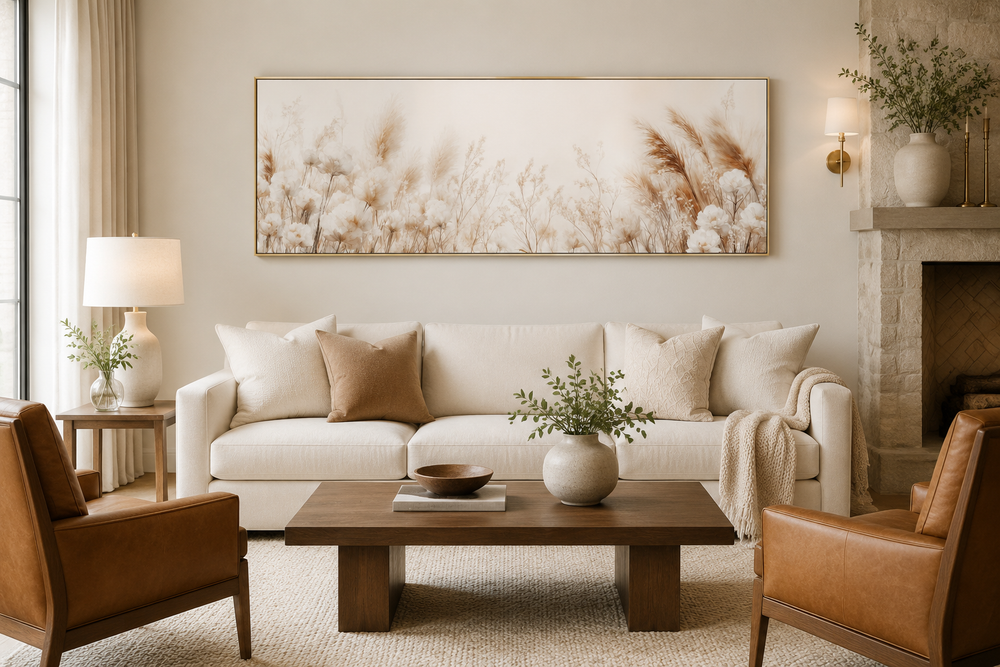 Long horizontal canvas wall art featuring neutral pampas grass above a cream sofa in a living room.
