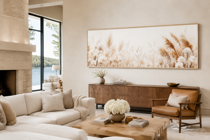 Long horizontal canvas wall art featuring neutral pampas grass and florals in a modern living room.