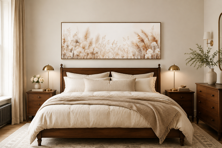 Horizontal pampas grass canvas wall art in neutral tones hanging above a dark wood bed frame.