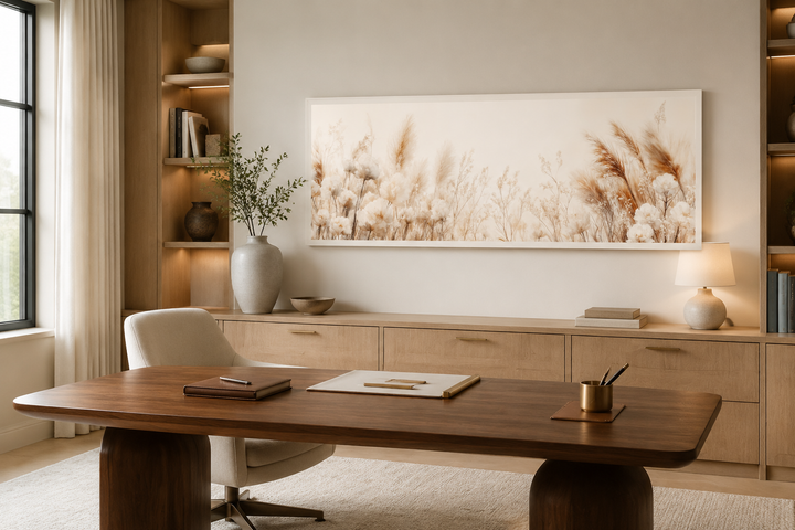 Long horizontal canvas art featuring neutral pampas grass stems above a modern office desk.