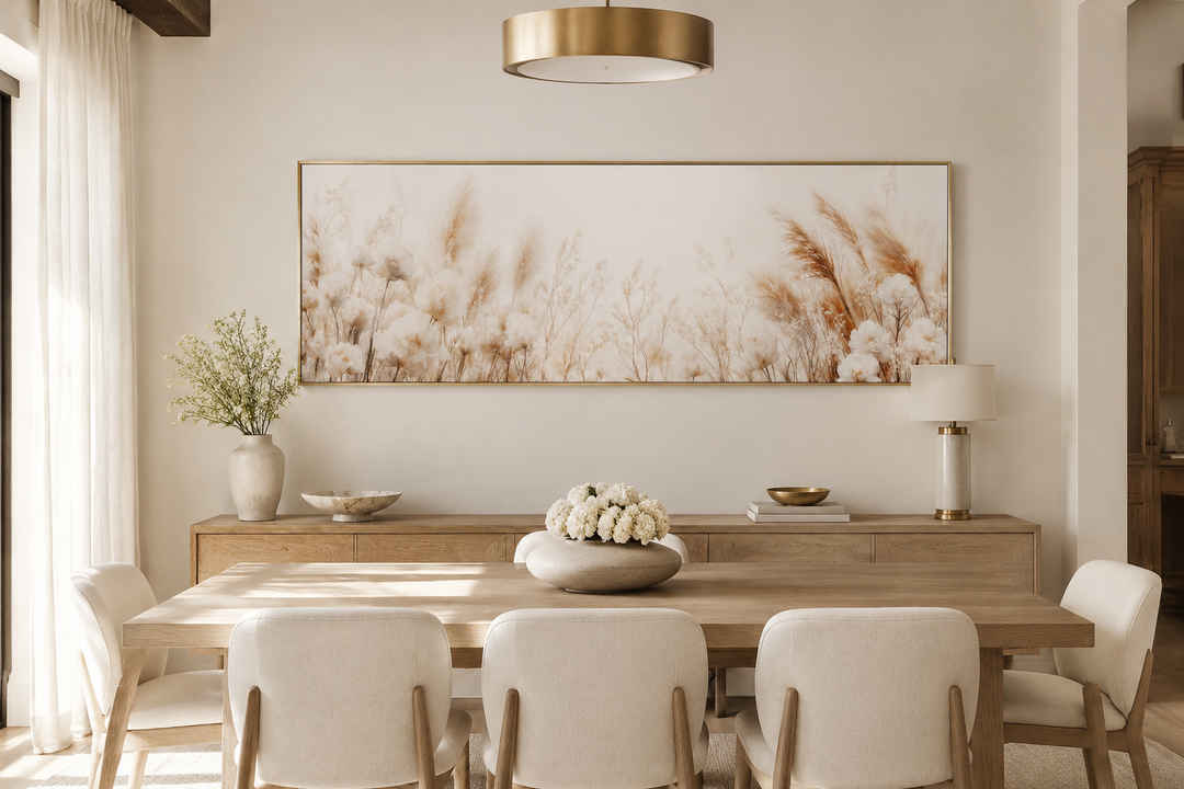 Long horizontal pampas grass canvas wall art in neutral tones above a wooden dining table.