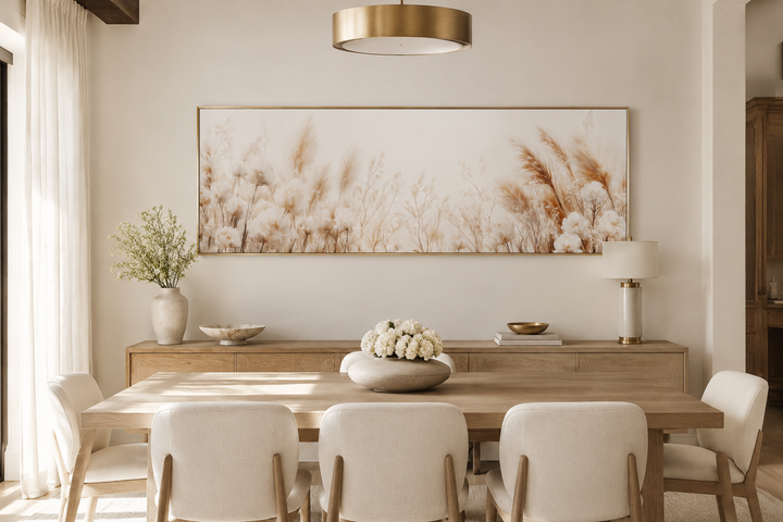 Long horizontal pampas grass canvas wall art in neutral tones above a wooden dining table.
