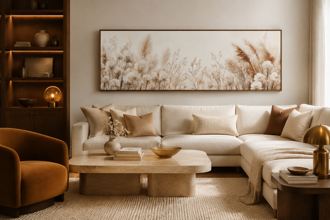 Long horizontal canvas wall art featuring neutral pampas grass above a modern cream sectional sofa.