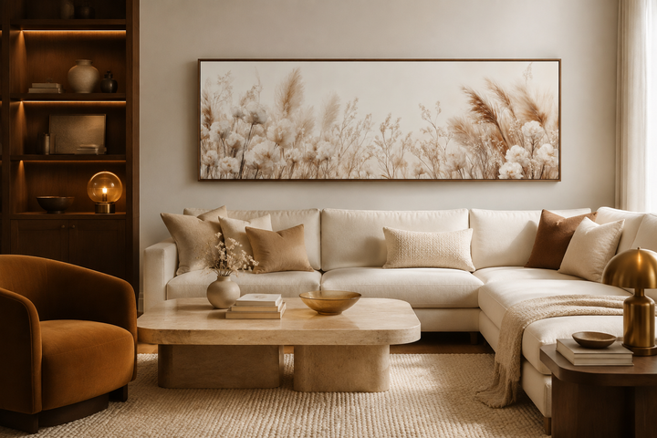 Long horizontal canvas wall art featuring neutral pampas grass above a modern cream sectional sofa.