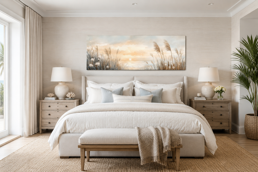 Horizontal canvas art of pampas grass on a beach at sunset, hanging above a neutral-toned bed.