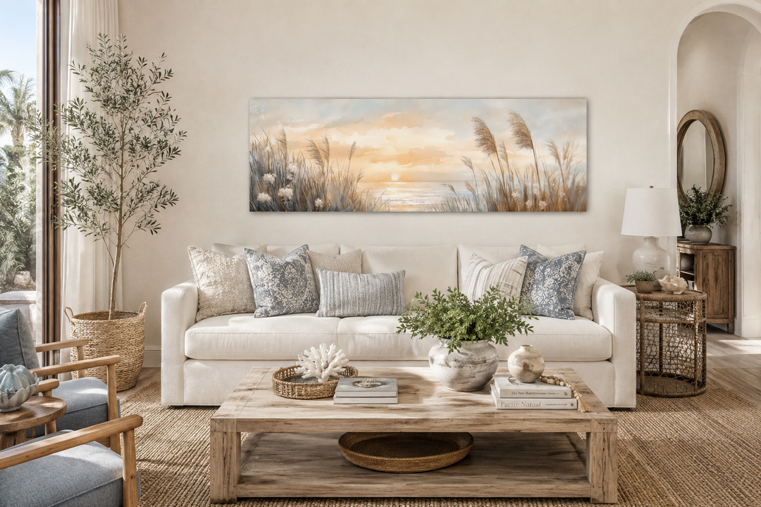 Pampas grass on the beach coastal horizontal wall art hanging above a white sofa in a living room.