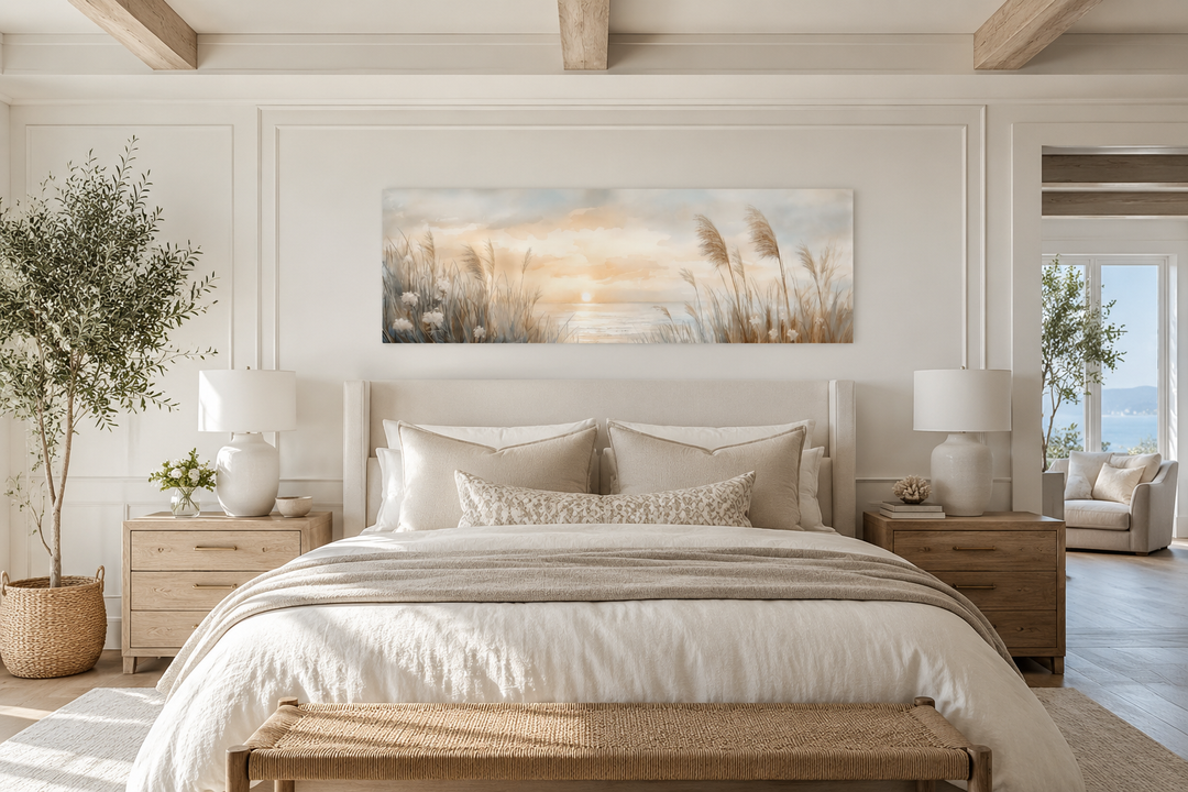 Pampas grass on the beach coastal horizontal wall art hanging above a bed in a neutral bedroom.