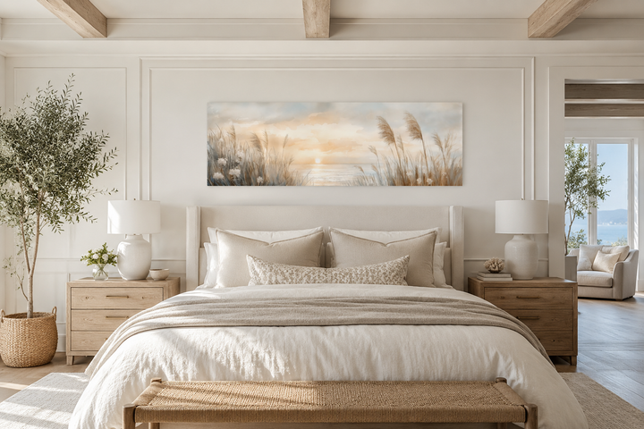 Pampas grass on the beach coastal horizontal wall art hanging above a bed in a neutral bedroom.