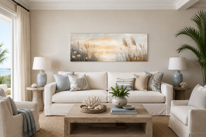 Horizontal canvas art of pampas grass on a beach at sunset, hung above a white sofa in a living room